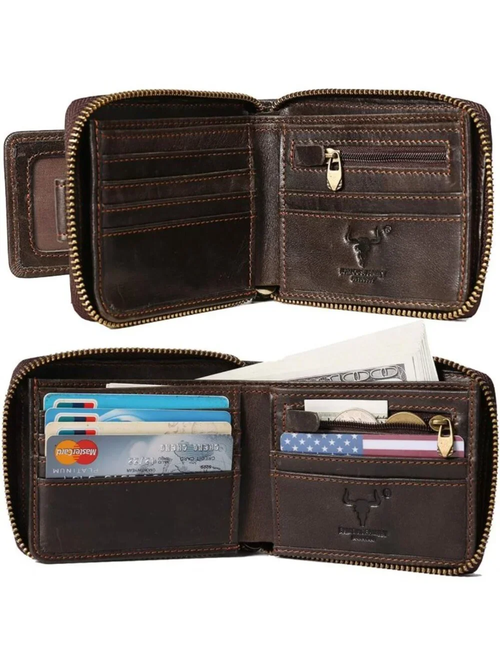 RFID Blocking Leather Bifold Wallet for Men - Zipper, ID Window, Coin Pocket